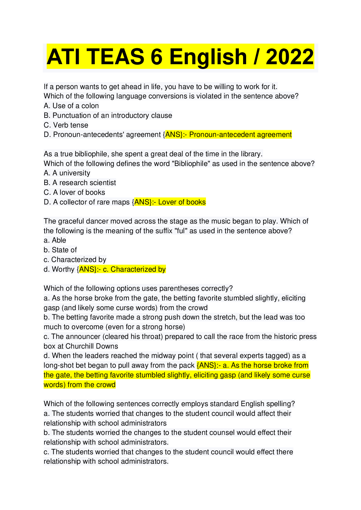 Preview image for ATI TEAS 6 English / 2022